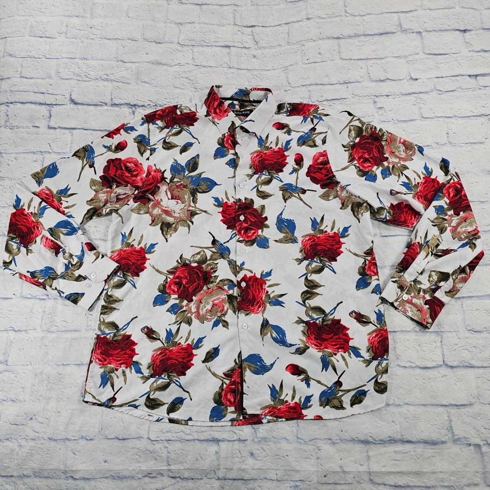 Barry Wang Floral Shirt Mens 2XL White Red Rose Long Sleeve Silky Button Down